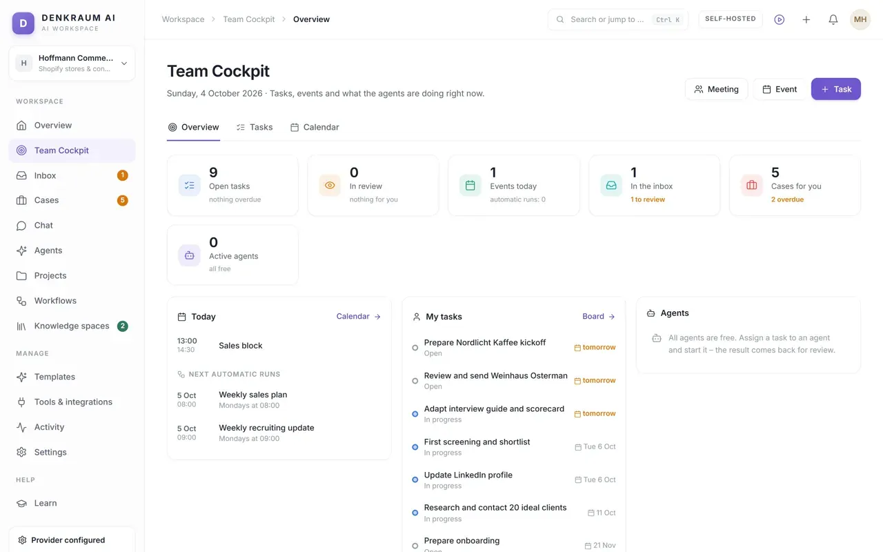 Team cockpit in DENKRAUM AI with open tasks, inbox items, appointments, cases and an Agents panel showing what is being worked on.