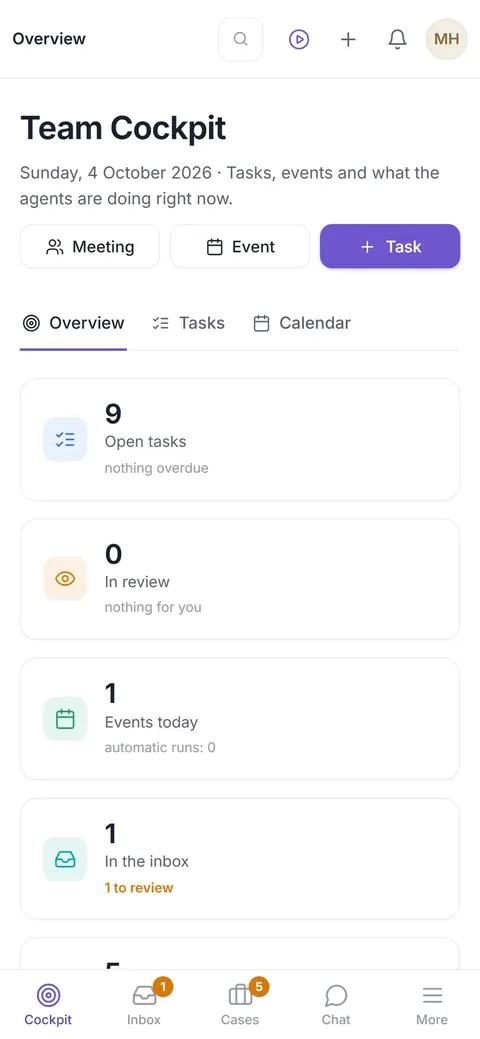 The same team cockpit on a phone with open tasks, reviews, appointments and inbox items.