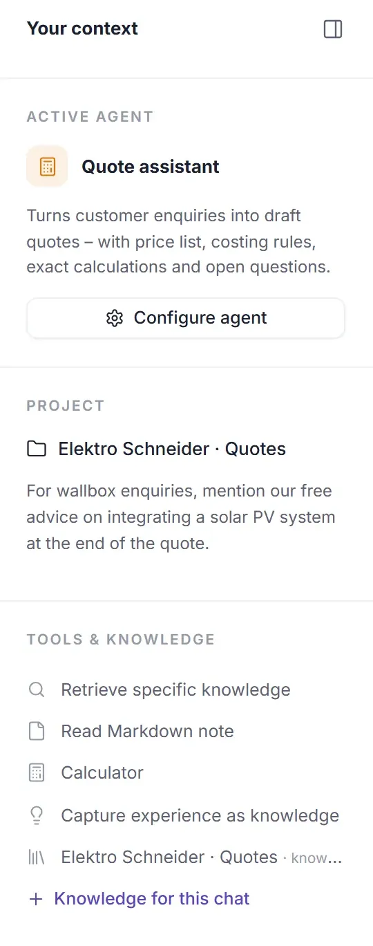 Chat sidebar in DENKRAUM AI: the active agent Quote assistant with its task description, project, tools such as Calculator and Retrieve specific knowledge, and its knowledge space.