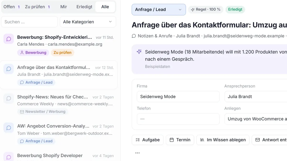 Eingang in DENKRAUM AI: Nachrichten, eingeordnet als Bewerbung, Anfrage oder Newsletter, daneben eine Anfrage, die per Regel als Lead erkannt wurde.