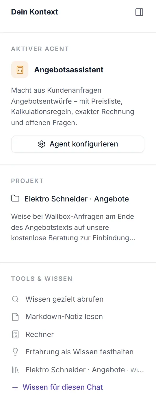Seitenleiste im Chat von DENKRAUM AI: aktiver Agent Angebotsassistent mit Aufgabenbeschreibung, Projekt, Tools wie Rechner und Wissen gezielt abrufen sowie dem zugehörigen Wissensraum.